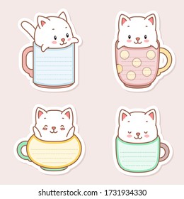 Kawaii notebook page templates. Memo pads in the shape of little kittens sitting in mugs. Can be used for scrapbooking, bullet journals, gift tags, cards and invitations. Vector 10 ESP.