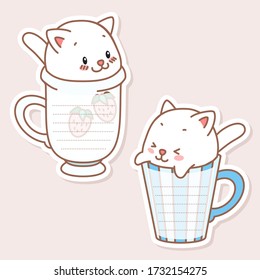 Kawaii notebook page templates. Memo pads in the shape of little kittens sitting in cups. Can be used for scrapbooking, bullet journals, gift tags, cards and invitations. Vector 10 ESP.