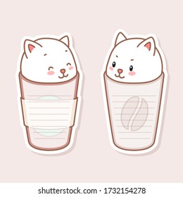 Kawaii notebook page templates. Memo pads in the shape of little kittens sitting in paper cups. Can be used for scrapbooking, bullet journals, gift tags, cards and invitations. Vector 10 ESP.