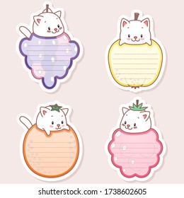 Kawaii notebook page templates. Memo pads in the shape of fruits with little kittens. Can be used for scrapbooking, bullet journals, gift tags, cards and invitations. Vector 10 ESP.