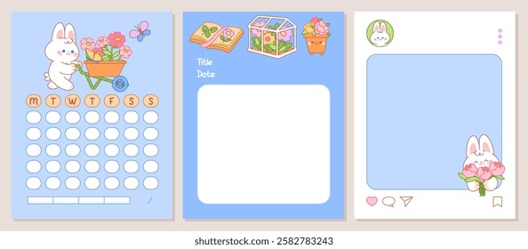 Kawaii notepad set with bunny and flower garden. Weekly Plan, To Do List, Check List. Cute Memo Pads, Stationery, Sticky Note for task planning and study.