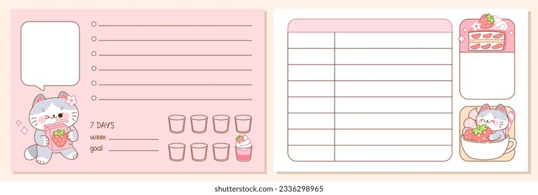 Kawaii Notepad set with cat and strawberry dessert food. Weekly Plan, To Do List, Check List. Cute Memo Pads, Stationery, Sticky Note for task planning and study.