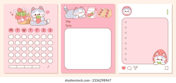 Kawaii Notepad set with cat and strawberry dessert food. Weekly Plan, To Do List, Check List. Cute Memo Pads, Stationery, Sticky Note for task planning and study.