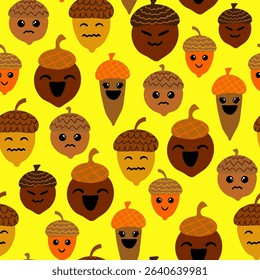 kawaii oak nut pattern with expressive emoji faces adorable seasonal illustration with smiling and frowning acorns on yellow fall woodland kids print