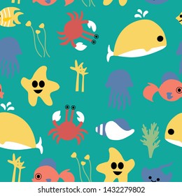 Kawaii ocean life in a seamless pattern design. Vector elements that can be used both on the web or in print for surface design