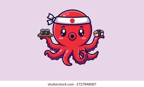 Un personaje de pulpo kawaii vestido de chef, sosteniendo platos de sushi. Perfecto para comida y temas de cultura japonesa.