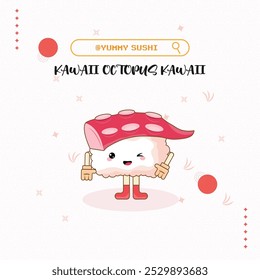 Kawaii octopus sushi character illustration with a winking face. Food and cartoon character with funny faces.