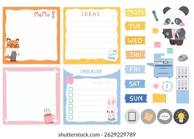 Kawaii Office Memo Pad e Modelo de Planejador, Conjunto de Vetor de Negócios Bonito. Design de lista de verificação e planejamento de trabalho adorável com Clipart de Suprimentos para Escritório. 