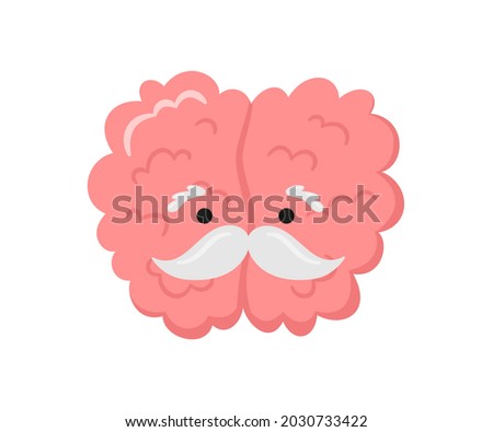 A kawaii old brain character with a gray mustache. Symbol of alzheimer disease, dementia and other age-related problems. Vector cartoon illustration isolated on white background.