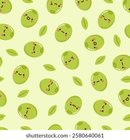 Kawaii olive character seamless pattern. Cute background with different emotions. Vector illustration.