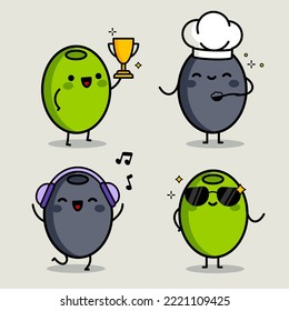 Kawaii olive characters. Funny green and black olives in cartoon style.