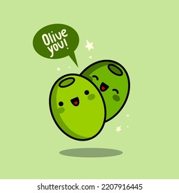 Kawaii olives illustration. Smiling olives in cartoon style. Kawaii olives characters.