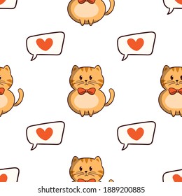kawaii orange cat with love icons in seamless pattern with colored doodle style on white background