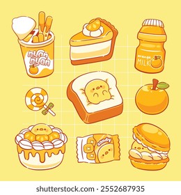 Kawaii orange food dessert with yellow duck cute sticker collection