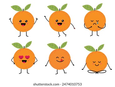 Personaje de la fruta de naranja Kawaii con diferentes emociones. Aislado sobre fondo blanco. Conjunto de naranjas de dibujos animados
