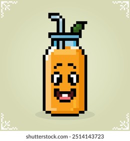 Kawaii orange juice on bottle glass in 8 bit pixel art. Drink in vector illustration for game assets