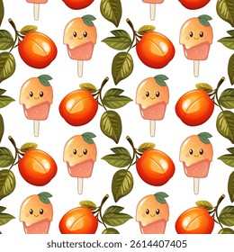 Kawaii orange popsicles with smiling faces and whole oranges with green leaves in a fun seamless pattern
