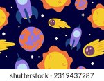 Kawaii Outer Space Seamless Pattern Background. Cute Cosmic Perfect Kids Apparel Doodle Cartoon for Galaxy Exploration Universe Trendy Wrapping Textile Collage Graphic Print Vector Illustration