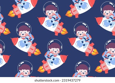 Kawaii Outer Space Seamless Pattern Background. Cute Cosmic Perfect Kids Apparel Doodle Cartoon for Galaxy Exploration Universe Trendy Wrapping Textile Collage Graphic Print Vector Illustration