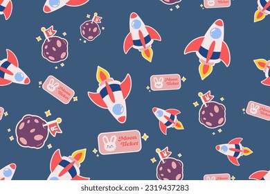 Kawaii Outer Space Seamless Pattern Background. Cute Cosmic Perfect Kids Apparel Doodle Cartoon for Galaxy Exploration Universe Trendy Wrapping Textile Collage Graphic Print Vector Illustration