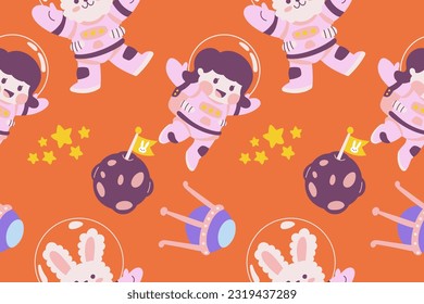 Kawaii Outer Space Seamless Pattern Background. Cute Cosmic Perfect Kids Apparel Doodle Cartoon for Galaxy Exploration Universe Trendy Wrapping Textile Collage Graphic Print Vector Illustration