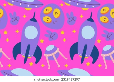 Kawaii Outer Space Seamless Pattern Background. Cute Cosmic Perfect Kids Apparel Doodle Cartoon for Galaxy Exploration Universe Trendy Wrapping Textile Collage Graphic Print Vector Illustration