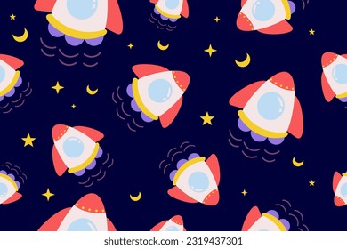 Kawaii Outer Space Seamless Pattern Background. Cute Cosmic Perfect Kids Apparel Doodle Cartoon for Galaxy Exploration Universe Trendy Wrapping Textile Collage Graphic Print Vector Illustration