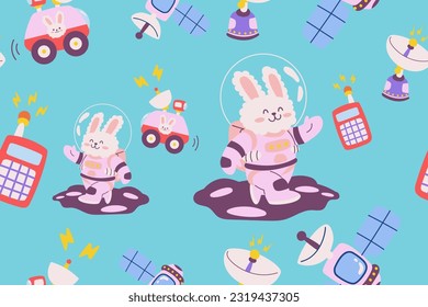 Kawaii Outer Space Seamless Pattern Background. Cute Cosmic Perfect Kids Apparel Doodle Cartoon for Galaxy Exploration Universe Trendy Wrapping Textile Collage Graphic Print Vector Illustration