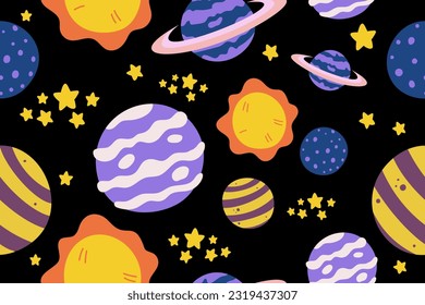 Kawaii Outer Space Seamless Pattern Background. Cute Cosmic Perfect Kids Apparel Doodle Cartoon for Galaxy Exploration Universe Trendy Wrapping Textile Collage Graphic Print Vector Illustration