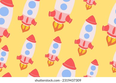 Kawaii Outer Space Seamless Pattern Background. Cute Cosmic Perfect Kids Apparel Doodle Cartoon for Galaxy Exploration Universe Trendy Wrapping Textile Collage Graphic Print Vector Illustration