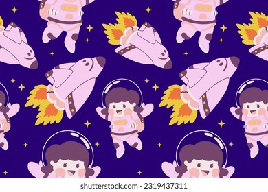 Kawaii Outer Space Seamless Pattern Background. Cute Cosmic Perfect Kids Apparel Doodle Cartoon for Galaxy Exploration Universe Trendy Wrapping Textile Collage Graphic Print Vector Illustration