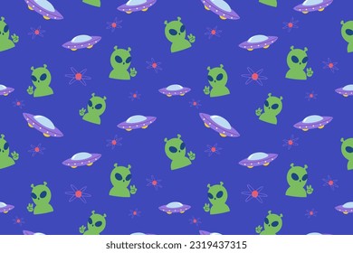 Kawaii Outer Space Seamless Pattern Background. Cute Cosmic Perfect Kids Apparel Doodle Cartoon for Galaxy Exploration Universe Trendy Wrapping Textile Collage Graphic Print Vector Illustration