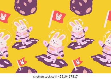 Kawaii Outer Space Seamless Pattern Background. Cute Cosmic Perfect Kids Apparel Doodle Cartoon for Galaxy Exploration Universe Trendy Wrapping Textile Collage Graphic Print Vector Illustration