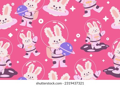 Kawaii Outer Space Seamless Pattern Background. Cute Cosmic Perfect Kids Apparel Doodle Cartoon for Galaxy Exploration Universe Trendy Wrapping Textile Collage Graphic Print Vector Illustration