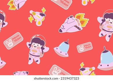 Kawaii Outer Space Seamless Pattern Background. Cute Cosmic Perfect Kids Apparel Doodle Cartoon for Galaxy Exploration Universe Trendy Wrapping Textile Collage Graphic Print Vector Illustration