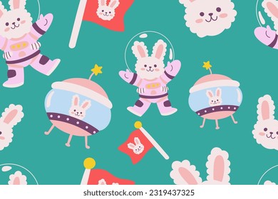 Kawaii Outer Space Seamless Pattern Background. Cute Cosmic Perfect Kids Apparel Doodle Cartoon for Galaxy Exploration Universe Trendy Wrapping Textile Collage Graphic Print Vector Illustration