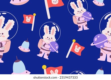 Kawaii Outer Space Seamless Pattern Background. Cute Cosmic Perfect Kids Apparel Doodle Cartoon for Galaxy Exploration Universe Trendy Wrapping Textile Collage Graphic Print Vector Illustration