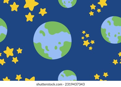 Kawaii Outer Space Seamless Pattern Background. Cute Cosmic Perfect Kids Apparel Doodle Cartoon for Galaxy Exploration Universe Trendy Wrapping Textile Collage Graphic Print Vector Illustration