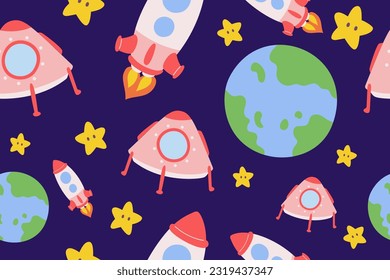 Kawaii Outer Space Seamless Pattern Background. Cute Cosmic Perfect Kids Apparel Doodle Cartoon for Galaxy Exploration Universe Trendy Wrapping Textile Collage Graphic Print Vector Illustration