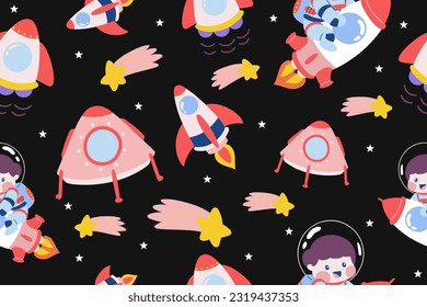 Kawaii Outer Space Seamless Pattern Background. Cute Cosmic Perfect Kids Apparel Doodle Cartoon for Galaxy Exploration Universe Trendy Wrapping Textile Collage Graphic Print Vector Illustration