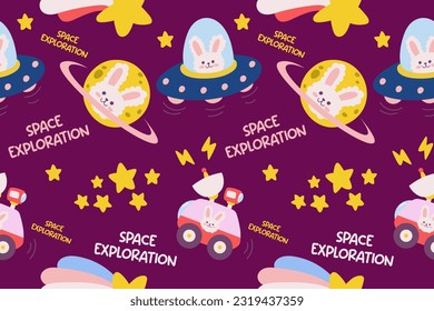 Kawaii Outer Space Seamless Pattern Background. Cute Cosmic Perfect Kids Apparel Doodle Cartoon for Galaxy Exploration Universe Trendy Wrapping Textile Collage Graphic Print Vector Illustration