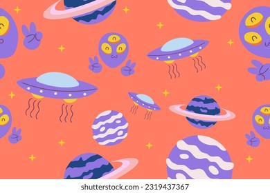 Kawaii Outer Space Seamless Pattern Background. Cute Cosmic Perfect Kids Apparel Doodle Cartoon for Galaxy Exploration Universe Trendy Wrapping Textile Collage Graphic Print Vector Illustration