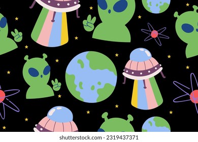 Kawaii Outer Space Seamless Pattern Background. Cute Cosmic Perfect Kids Apparel Doodle Cartoon for Galaxy Exploration Universe Trendy Wrapping Textile Collage Graphic Print Vector Illustration