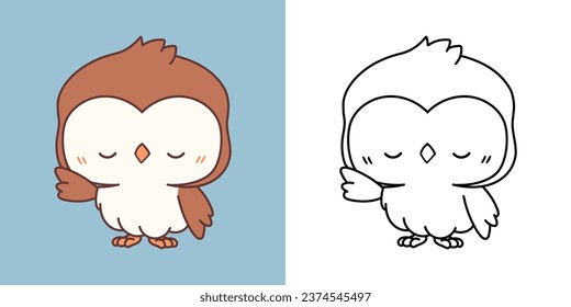 Kawaii Owl for Coloring Page and Illustration. Adorable Clip Art Animal. Cute Vector Illustration of a Kawaii Bird for Stickers, Prints for Clothes, Baby Shower. 