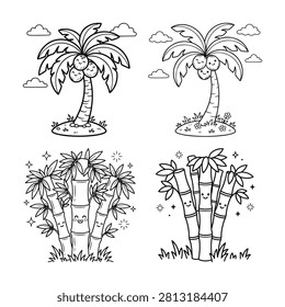 Kawaii palm tree and bamboo characters for children coloring book page