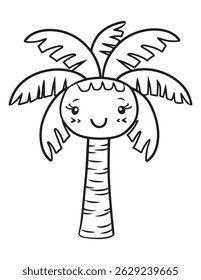 Kawaii Palm Tree com Smiley Face - Tropical Summer Colorir Página