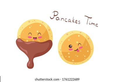 Kawaii Pancakes vector characters isolated on white background. Funny smiling & happy dessert with chocolate. Cute yummy sweet food mascot illustration. Kids menu concept for food hall, bakery, card.