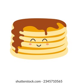 kawaii pancakes vector characters isolated on white background, funny smiling and happy dessert with chocolate, cute sweet food illustration