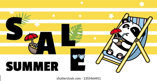 Kawaii Panda is an animal on a summer vacation drinking a coconut cocktail in a hammock. Vector banner and background with stripes