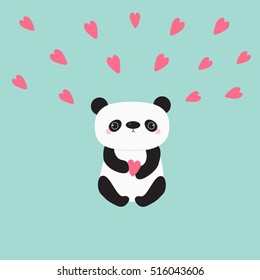 Kawaii panda baby bear. Cute cartoon character holding pink little hearts. Wild animal collection for kids. Blue background. Love card. Flat design. Vector illustration